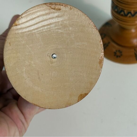 Vintage Ukranian Wood Folk Art Hand-Turned Candle Stick Holders 2 - Picture 2 of 6